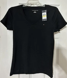 Tommy Hilfiger Womens T-Shirt V Neck Short Sleeve Cotton Black NWT Size Medium - Picture 1 of 5