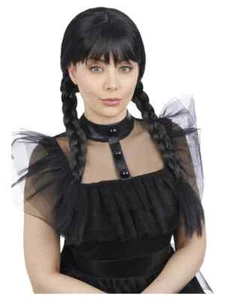 Black Plaited Gothic Schoolgirl Wednesday Halloween Fancy Dress Costume Addams - Picture 1 of 1
