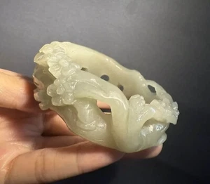 58mm Natural Mongolian Jade Bangle/Shetei Cui/Hand Carved Flowers - Picture 1 of 17