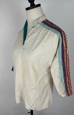 Vintage 50s Patio Blouse S Colorful Ribbon Trim Ricrac 3/4 Sleeve Mexican FLAWS  - Image 1 of 4