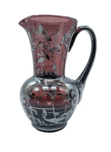 Vintage Small Blown Art Glass Pitcher Purple Amethyst w/Silver Overlay 4.25" t - Picture 1 of 9