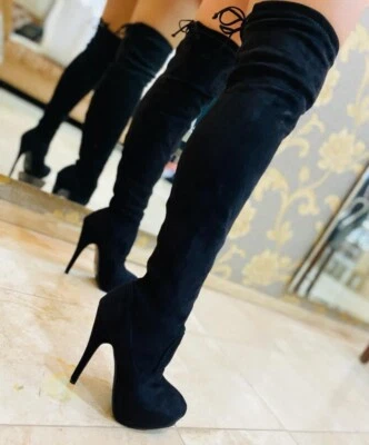 New Womens Over The Knee Boot Stiletto Platform High Heel Drawstring Tie Lace Up Foto 1 de 2