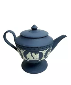 Vintage Wedgwood Jasper Icarus Small Dark Blue Teapot - Picture 1 of 10