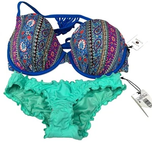 NEU Shade & Shore Bikini Set 36D leicht gefüttert XS Rüschen frech blau pink #3482 - Bild 1 von 6