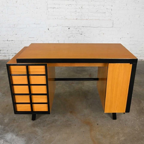 Vintage MCM Art Deco Maple Colored Desk Black Accents American of Martinsville Cover