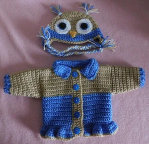 Doll Clothes Outfit, Crochet Sweater, DkBlu Pink Owl Sweater & Hat Fits 18" Doll - Picture 1 of 6