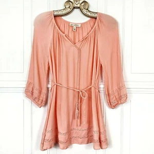 JESSICA SIMPSON Crochet Lace Maternity Top Small Puffed Tassel Tie Tunic Peach - Picture 1 of 10