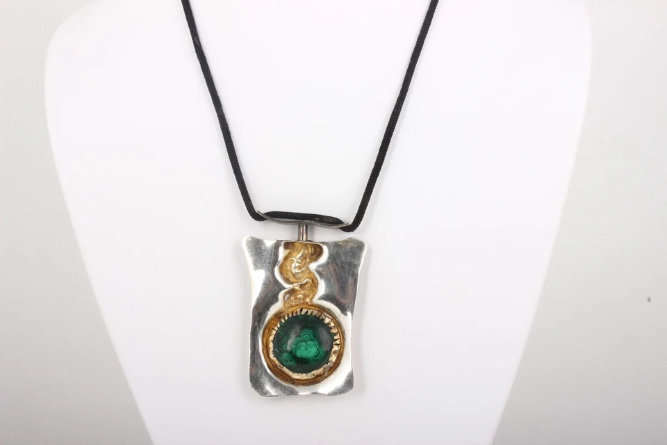 SILVER MALACHITE LARGE TWO-TONED PENDANT BLACK ROPE NECKLACE FINE 6705B - Изображение 1 из 4