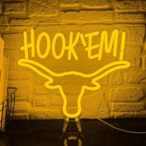Hook 'Em Neon Sign Dimmable Texas Longhorn LED Neon Light Sign Yellow Bull He... - Picture 1 of 7