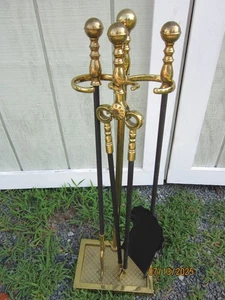 Vintage Virginia Metalcrafters Harvin Brass/Iron Fireplace Tool Set 3 Pc + Stand - Picture 1 of 5