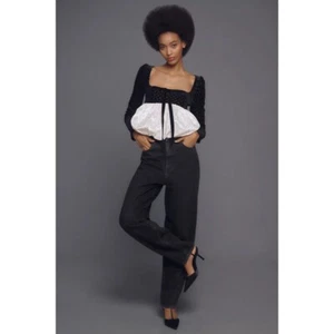 NWT!! FOR LOVE AND LEMONS Elisa Long Sleeve Top Black Velvet Taffeta Eyelet XS - Picture 1 of 22