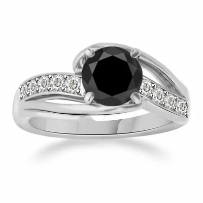 Кольцо из белого золота 14 карат с одним натуральным черно-белым бриллиантом 1 карат с акцентами - Изображение 1 из 2