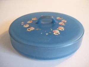 Vintage Blue Glass Powder Puff Holder w/Lid Painted Design - Picture 1 of 10