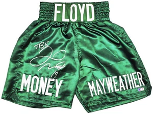 FLOYD MAYWEATHER JR. AUTOGRAPHED GREEN BOXING TRUNKS TBE BECKETT WITNESS 221644 - Picture 1 of 5