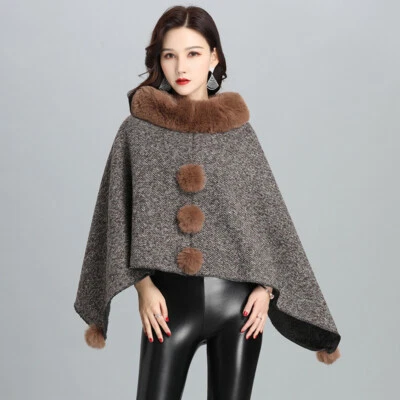Women Faux Fur Collar Cape Cloak Poncho Wrap Shawl Outerwear Thermal Loose - Image 1 of 4