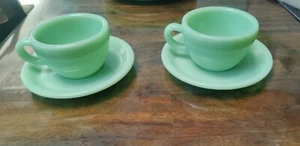 OVEN WARE FIRE KING JADEITE GREEN 2 COFFEE/TEA MUGS D HANDLE w/SAUCERS USA - Picture 1 of 9