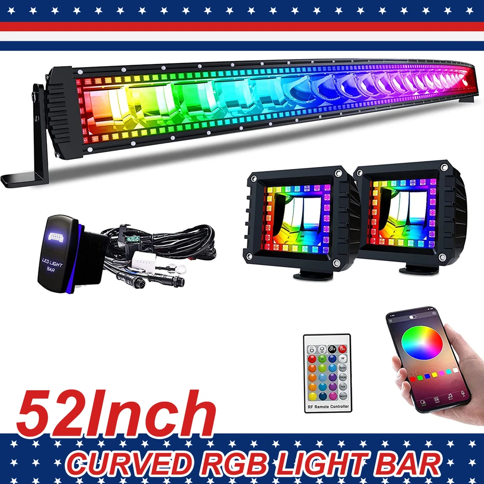 Curved 52 Inch LED Light Bar Chasing RGB 4'' Pods For Chevrolet Silverado Pickup Foto 1 de 4