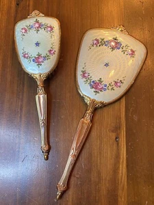 Antique Hand Painted Blue Enamel & Roses Vanity Dresser Set Guilloche - Picture 1 of 8