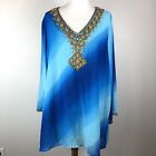 DG2 by Diane Gilman Sz XL Swimsuit Beach Coverup Beaded Tunic Ombre Blue Gold