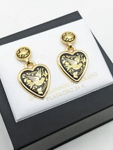 Pendientes colgantes vintage damascenos españoles en forma de corazón España oro 24K y acero - pájaro - Imagen 1 de 9