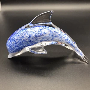 Art Glass Dolphin Figurine Paperweight Blue White Speckled Clear Fish Ocean - Picture 1 of 8