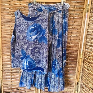 Vintage Parigi Blue Roses & Paisley Pattern Pleated Skirt & Camisole Set Size 16 - Picture 1 of 11
