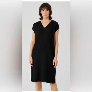 Vestido Eileen Fisher Algodón Orgánico Cuello en V Br Calce Cuadrado Medio Negro Ponte $198 - Imagen 1 de 5