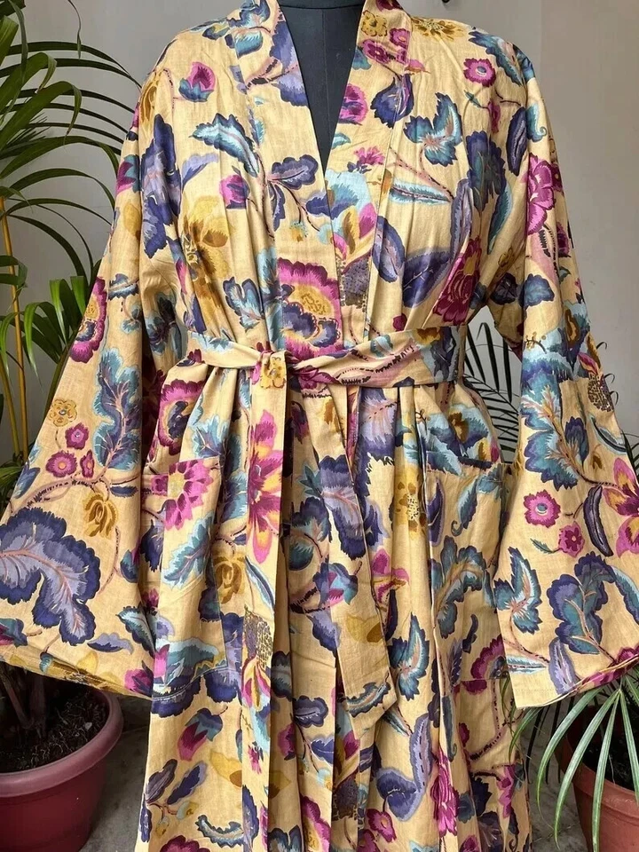Хлопковый халат длинный кимоно Sleepwear индийский бежевый цветочный принт ночной костюм кимоно - Изображение 1 из 2