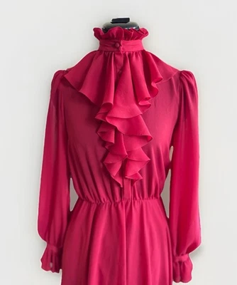 Vintage 70s 80s Manning Silver Red Long Sleeve Bell Ruffle Edwardian Dress *Flaw - Image 1 of 4