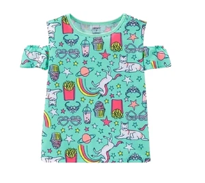 Girls Tee Unicorn Cat Cold-Shoulder Printed Top (Girls 14) Green NWT - Picture 1 of 1