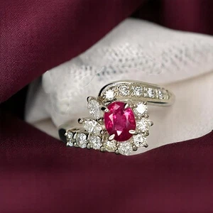 Engagement Ring Oval Cut Red Ruby 2.00Ct Lab Grown Diamond 14k White Gold Size 5 - Picture 1 of 13
