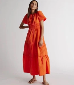 Quince Tiered Maxi Dress Large Orange Organic Cotton Pockets Poplin Resortwear - Picture 1 of 10