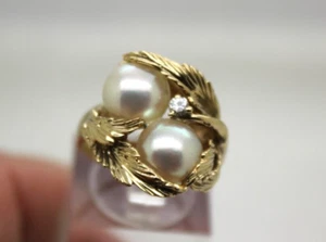 Signed 14k Yellow Gold FANCY PEARL & DIAMOND LEAF DESIGN CLUSTER RING Size 8 - Picture 1 of 16