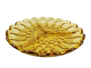 Vintage Indiana Glass Amber Thumbprint 3 Part Divided Relish Dish 9" Round - Picture 1 of 5