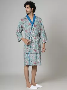 Hombre Algodón Albornoz Camisón Manga Larga Kimono Bata Ropa Cómoda Pijama Azul - Imagen 1 de 9