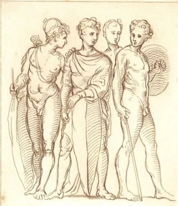1866 ART PRINT RENAISSANCE MASTER RAPHAEL ETCHING FOUR WARRIORS WITH SHIELDS - Picture 1 of 2