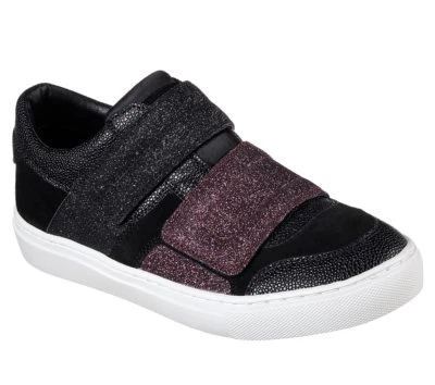 Nuevo Mujer Brillo Zapatos Moda Informales Tenis 7 Negro Rosa Correa Skechers Foto 1 de 4