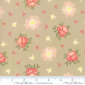 Medium Floral, Coral Flowers, Yellow, Green, on Taupe, Harper's Garden, Moda - Picture 1 of 1