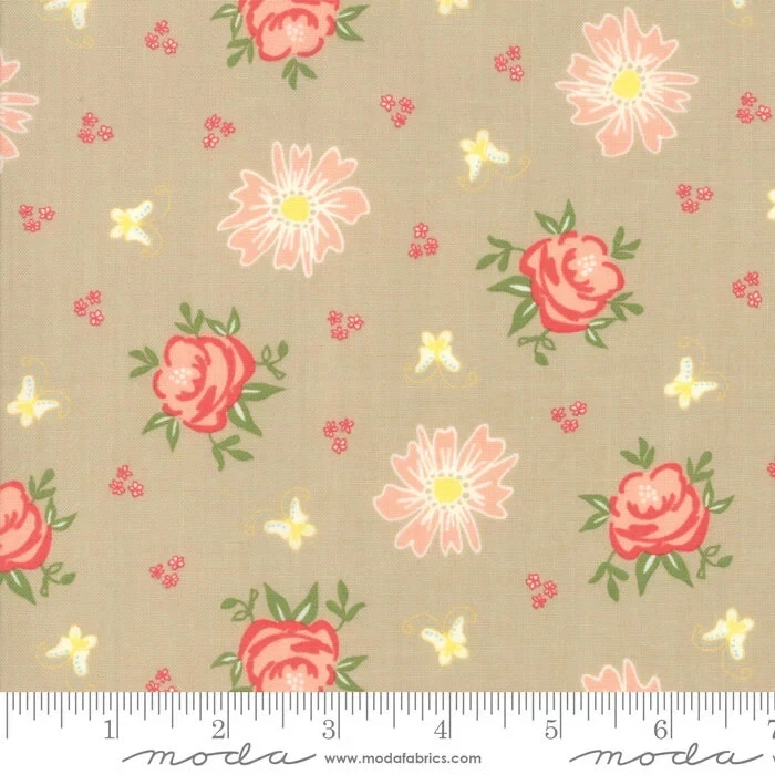Medium Floral, Coral Flowers, Yellow, Green, on Taupe, Harper's Garden, Moda - Image 1 of 1