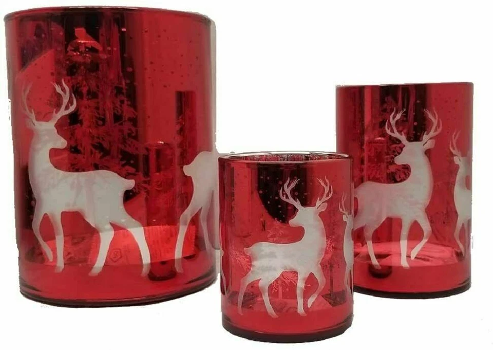 Kirkland Costco Set - 3 Christmas Holiday Glass Candleholders Red Reindeer