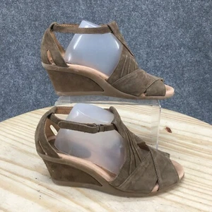 Earth Sandals Womns 7B Curvet Ankle Strap Khaki Suede Peep Toe Wedge Hook & Loop - Picture 1 of 16