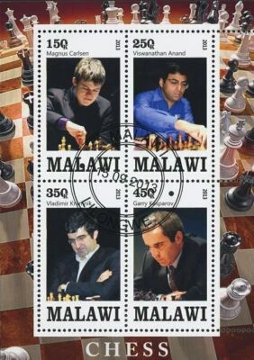 Malawi Chess Players Sport Magnus Carlsen Souvenir Sheet of 4 Stamps - Image 1 of 4