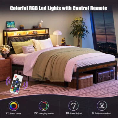 Marco de cama completo con cabecero tapizado en cuero, luz LED y bolsas colgantes laterales Foto 1 de 4