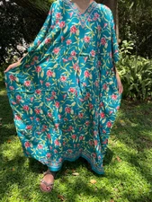 Boho GREEN Floral Maxi Caftan Dress V-Neck Kimono Resort Wear Long Kaftan 2XL