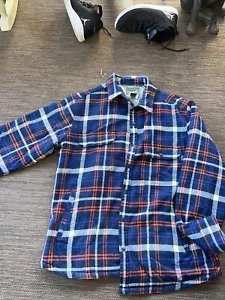 Vintage Woolrich Men Plaid Button Down Flannel Jacket Orange Blue Quilted Large - Picture 1 of 8