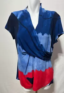 New DKNY Women XL Top Shirt Faux Wrap Blue Red Abstract NWT - Picture 1 of 6