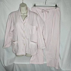 Women Victorias Secret Pink and White Signature Stripe Pajama Set 2 Piece Size M - Picture 1 of 19