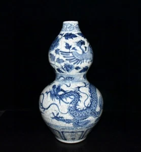 14.4" old antique yuan dynasty blue white porcelain dragon phoenix gourd bottle - Imagen 1 de 9