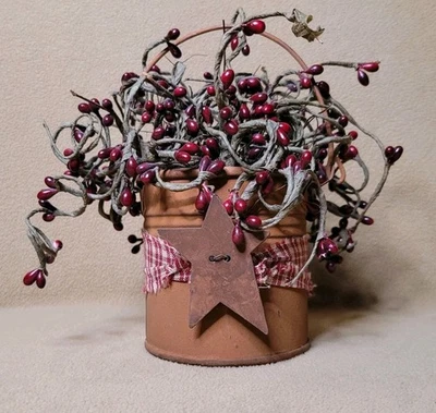 Primitive Farmhouse Red Pip Berry Vine Arrangement In Rustic Metal Star Bucket - Image 1 of 4