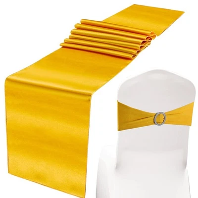 50 Pcs Gold Chair Sashes Bow with 10 Pcs Satin Table Runner Spandex Chair Sas... - Изображение 1 из 4